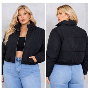 PRETTYLITTLETHING Black Cropped Puffer Jacket Drawstring Hem Zip Front Sz 12